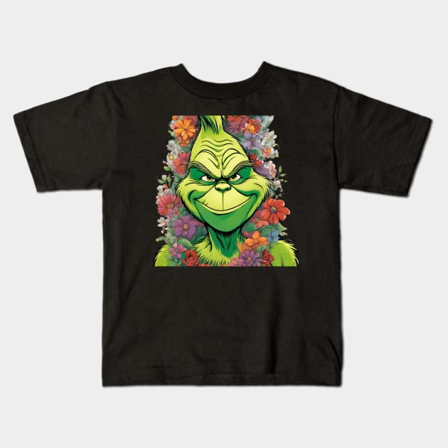 Flowery Grinch Kids T-Shirt by blaurensharp00@gmail.com